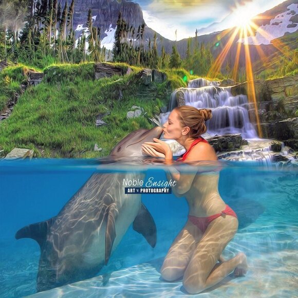 11x14 Dolphin Kissing Woman‎ Waterfall Majestic Watercolor Oil Painting Print - Picture 5 of 5